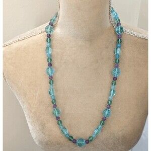 Beachy Seaglass Style Teal Lavender Resin Beaded Necklace 28" Coastal Boho
